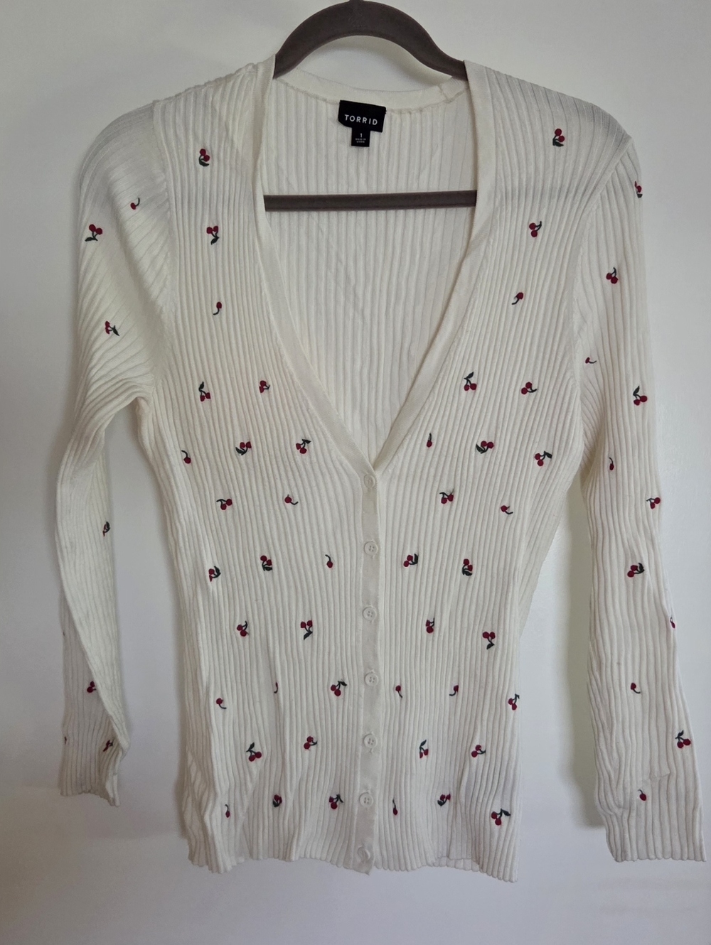 Torrid White Ribbed Button-Front Cardigan with Cherry Embroidery